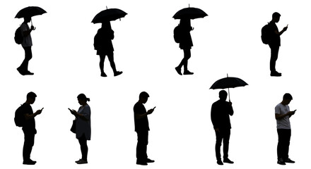 Obraz premium People using mobile phones walking under umbrellas in silhouette against white suitable for tech urban life and communication themes.