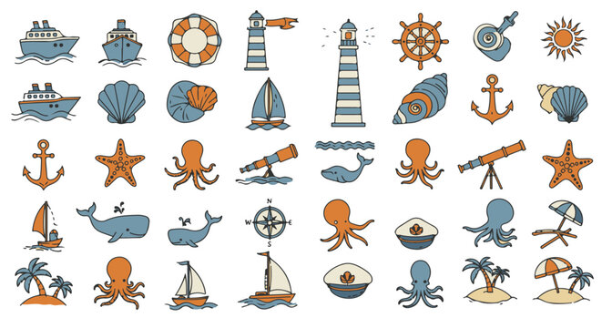 nautical doodle icons set ships seashells anchors marine animals and tropical islands for summer travel blogs and seaside themed designs.