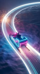 A vibrant neon sleigh races along a luminous curved track through a dark, ethereal environment.