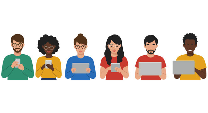 diverse people using technology smartphones tablets and laptops for connectivity and communication illustrating modern digital lifestyle.