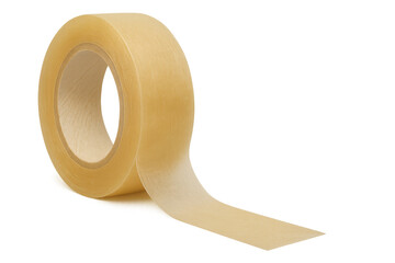 Adhesive transparent stationery tape roll unrolling, sticky accessory for office and packaging, isolated on transparent background