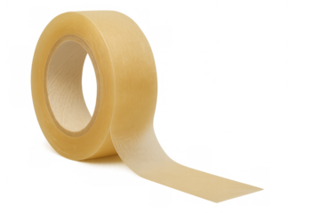 Adhesive transparent stationery tape roll unrolling, sticky accessory for office and packaging, isolated on transparent background