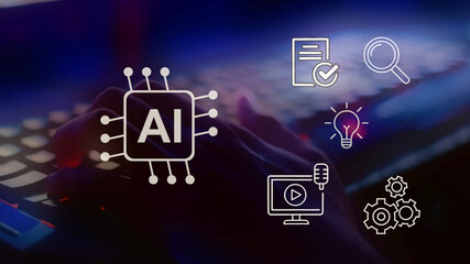 E-learning technology, webinar, online education and training to develop new skills and knowledge. AI-enhanced learning with personalized courses. Remote learning on internet