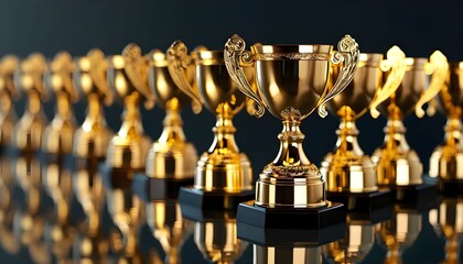 A row of shiny gold trophies stand in a line, reflecting light on a dark surface.