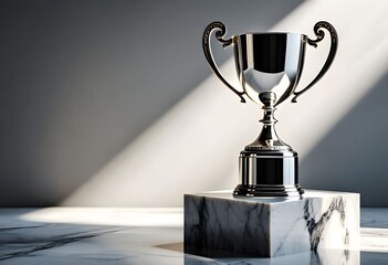 A shiny silver trophy displayed on a marble pedestal, illuminated by dramatic light.