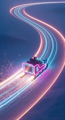 A vibrant neon sleigh races at high speed along a glowing futuristic winding track.