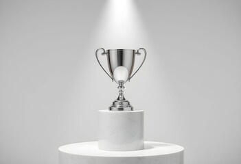 A silver trophy sits prominently on a white pedestal, illuminated by a spotlight.
