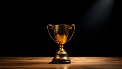 A golden trophy sits on a wooden surface against a dark background, lit by a spotlight.