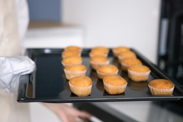 Closeup shot tray full of tasty delicious fresh baked muffins