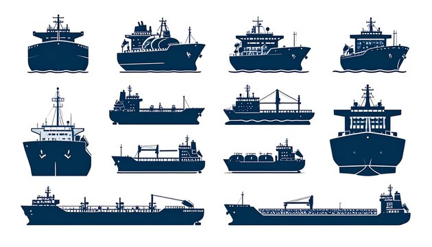 Twelve blue silhouettes of various cargo ships facing right and forwards on a white background, creating a collection
