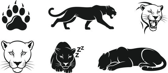 Dynamic set of black panther mascot illustrations and icons, featuring a paw print, roaring head, and various poses © MUHAMMAD