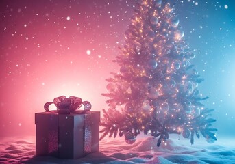 A festive Christmas tree and a wrapped gift box stand in a snowy landscape under magical pink and blue lights with falling snow.