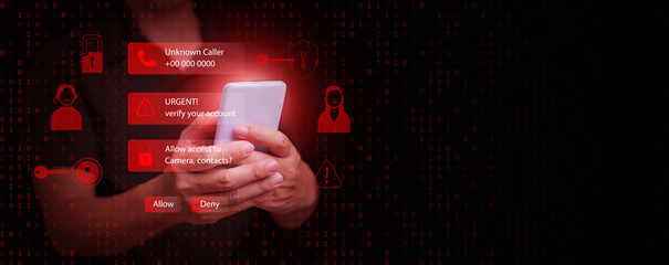 A man holding smartphone with hacking and phishing scam warnings on screen, symbolizing online fraud, call center scammer, cybercrime, data theft, and mobile security awareness.