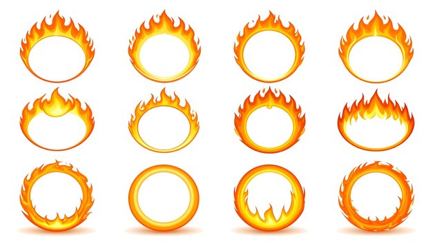 Twelve orange, flame-filled rings displayed on a white background in a grid of four rows and three columns