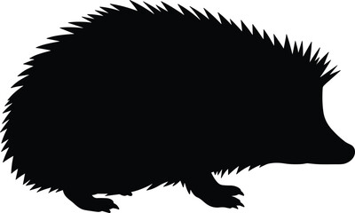 Black silhouette vector of a hedgehog with sharp quills, side profile animal illustration for wildlife, nature, and education content.
