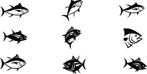 Set of black and white tuna fish vector icons. Stylized graphic illustrations for fishing sport emblems, seafood restaurant logos, and ocean life design elements