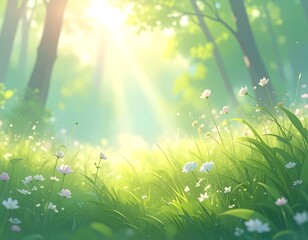 Obraz premium A sun-dappled forest scene, soft light filtering through trees onto a vibrant, flowery meadow, creating a peaceful ambiance