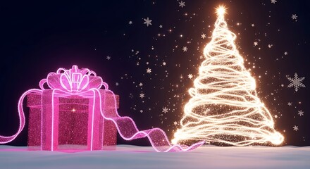 A luminous Christmas tree and a glowing pink gift box with a ribbon, set against a dark background with falling snow.