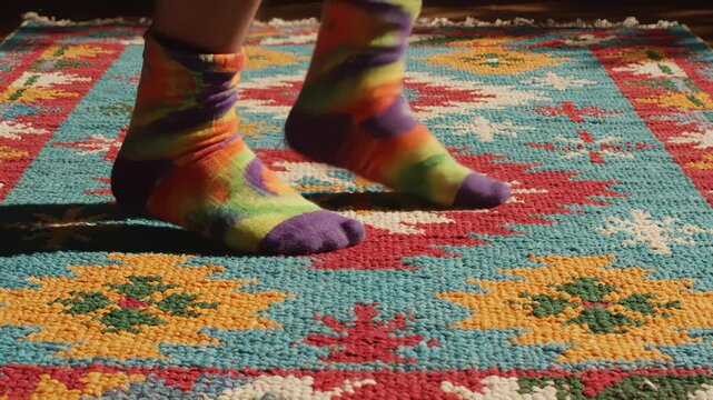 Feet Walking on Colorful Rug in Tie Dye Socks
