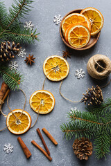 Christmas decor with dried oranges and fir branches