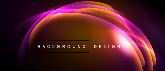 Abstract design features vibrant orange, pink curves. Dark background emphasizes glowing light effects, modern aesthetic.