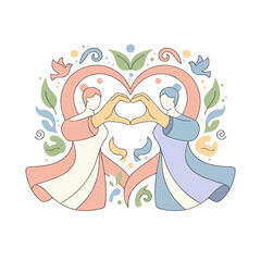 Two women creating a heart shape with their hands surrounded by floral elements and birds in a flat vector style with pastel colors representing friendship and love