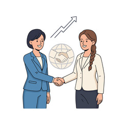 Two women in business suits shaking hands in agreement with a globe and growth chart graphic above them representing a deal closing in a professional setting with a blue and white color scheme and