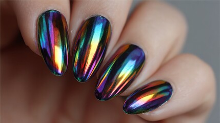 Stunning holographic nails shimmering with rainbow colors, creating a captivating and trendy nail art look.