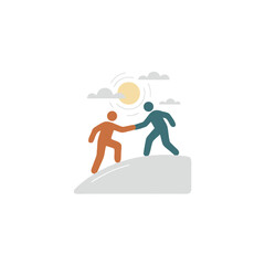 Two stylized figures reaching for each other on a hill under a bright sun and clouds symbolizing collaboration and support on a teamwork journey