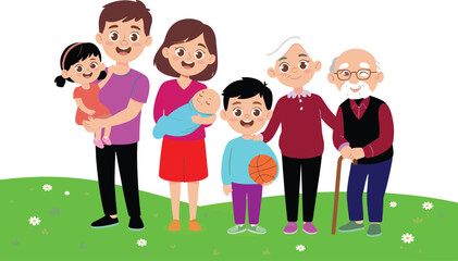 Happy multigenerational family standing together outdoors, cartoon grandparents parents and children smiling in nature, family bonding illustration with blue sky background