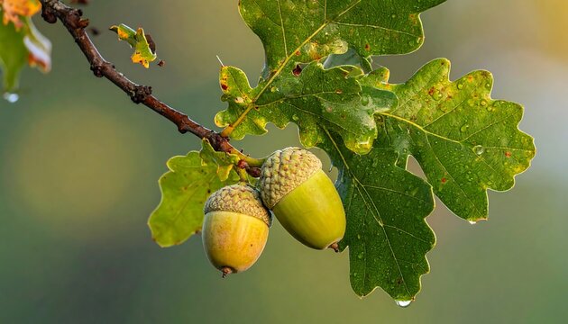 Two acorns hang on a branch with green oak leaves covered in raindrops on a soft green and yellow blurred background - Powered by Adobe