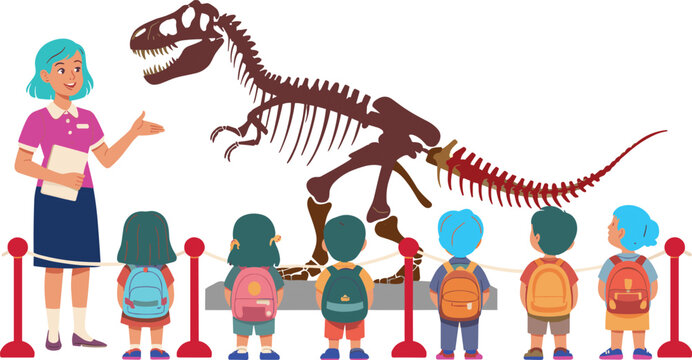 Teacher guiding group of school children visiting dinosaur skeleton exhibit in science museum, educational field trip learning about prehistoric fossils - Powered by Adobe
