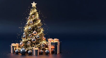 Elegant Christmas tree adorned with sparkling golden lights and ornaments, surrounded by festive gift boxes on a dark background.