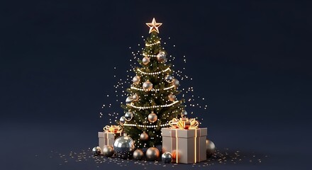 Sparkling Christmas tree adorned with golden ornaments, twinkling lights, a star, and festive presents.