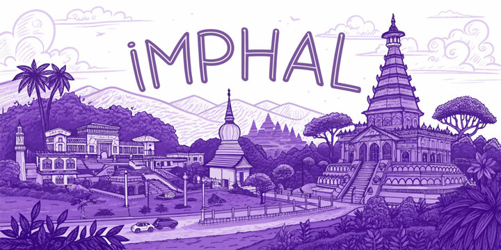 Imphal Skyline Sketch for Tourism, Featuring Kangla Fort, Ima Market, and Manipur State Museum