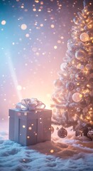 A sparkling Christmas tree next to a beautifully wrapped present on a snowy ground with ethereal bokeh lights.