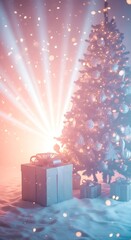 A festive Christmas tree adorned with sparkling lights and ornaments, surrounded by wrapped gifts on a snowy ground with magical glowing rays.