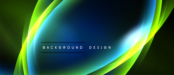 Abstract background features flowing lines, vibrant green, blue hues. Modern design with central bright area, text overlay.