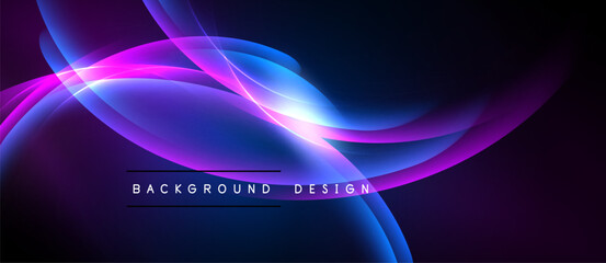 Abstract neon waves, vibrant blues, pinks, light effects create dynamic background design. Modern, sleek presentation.