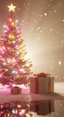 A beautifully lit Christmas tree adorned with colorful lights and a golden star, surrounded by wrapped gifts on a snowy, reflective surface with falling snow.
