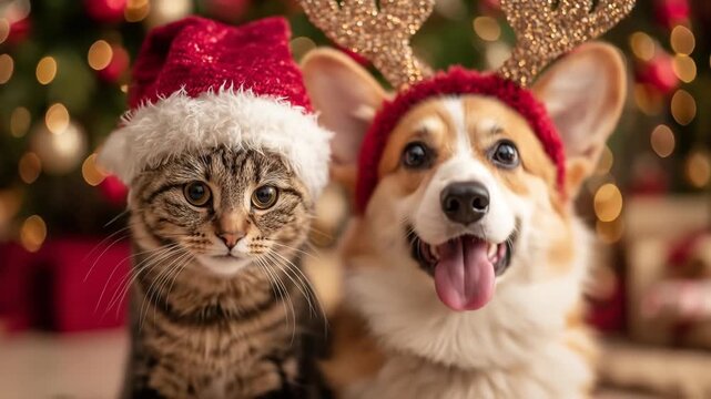 Cute cat and dog in Christmas hats, loop animation background