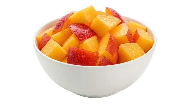 Fresh diced mango and nectarine chunks in white bowl, healthy isolated on transparent background