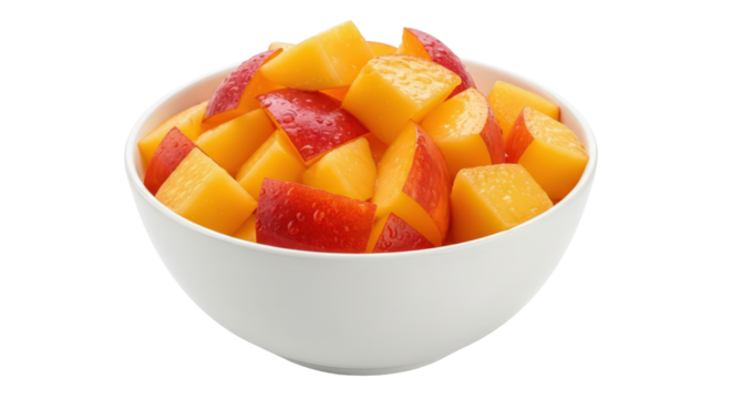 Fresh diced mango and nectarine chunks in white bowl, healthy isolated on transparent background