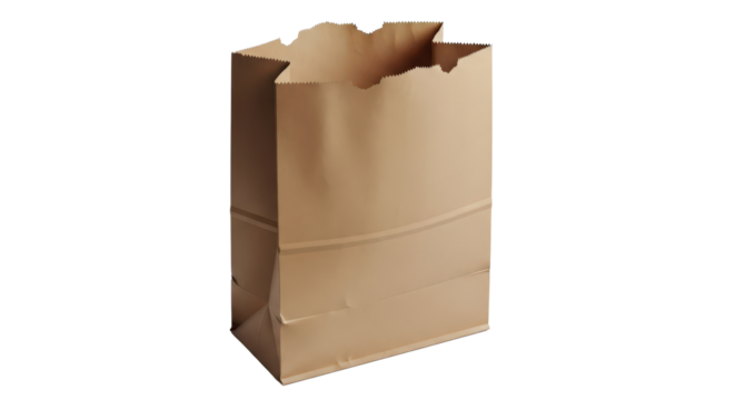Empty brown kraft paper bag for shopping and sustainable packaging isolated on transparent background