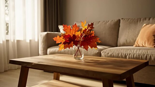 Cozy Living Room with Beige Sofa and Wooden Coffee Table Featuring Vibrant Autumn Leaves in Glass Vase by Sunlit Window with Soft Curtains: natural light, warm colors, home decor, interior design