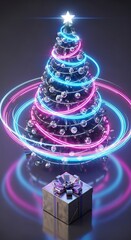 A vibrant Christmas tree illuminated with glowing pink and blue neon lights, silver ornaments, and a star, with a festive gift box below.