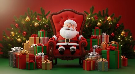 Santa Claus sits comfortably in a red armchair surrounded by numerous festive Christmas presents and decorated trees.