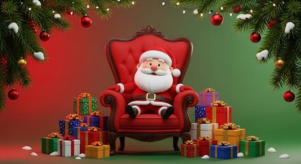 A cheerful 3D Santa Claus character sitting on a red armchair surrounded by colorful Christmas gifts and festive decorations.