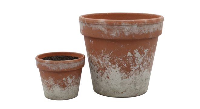 Two weathered terracotta pots, one with soil, one empty, rustic isolated on transparent background