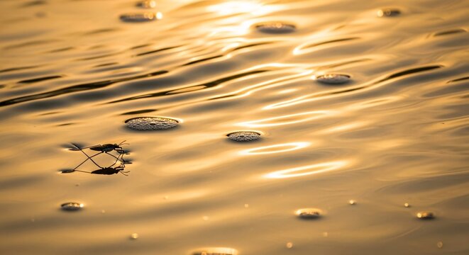 Water Strider Skims Across Sunlit Ripples on Calm Water Surface with Bubbles - Powered by Adobe